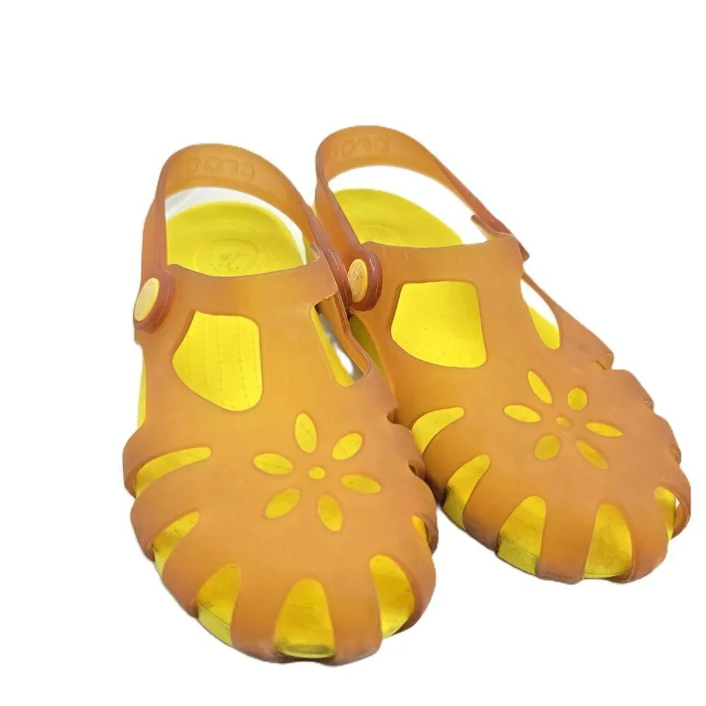 Crocs Neon Yellow Flower Shirley Clogs Peep Toe Sandals Slides Mary Jane